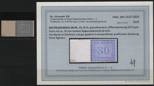 Dt. Kaiserreich, Brustschilder, 1872, Mi.- Nr.: 13, **, mit Sr.! Akt. Befund Dr. Zill BPP: e+e! Qualitätsstück! Selten!