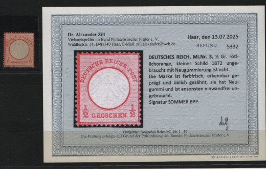 Dt. Kaiserreich, Brustschilder, 1872, Mi.- Nr.: 3, (* / NG)! Akt. Befund Dr. Zill BPP: e+....e! Selten!