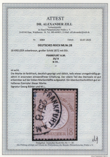 Dt. Kaiserreich, Brustschilder, 1874, Mi.- Nr.: 28, gestempelt! Akt. Fotoattest Dr. Zill BPP: e+...e! Kabinettstück! Selten!