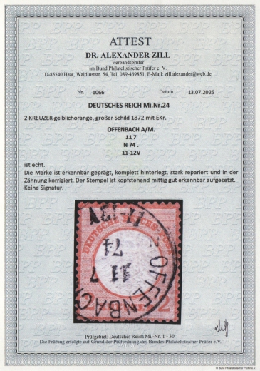 Dt. Kaiserreich, Brustschilder, 1874, Mi.- Nr.: 24, gestempelt! Akt. Fotoattest Dr. Zill BPP: e+ repariert / hinterlegt! Selten!