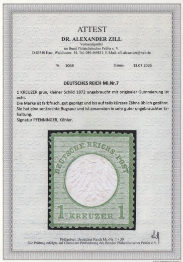 Dt. Kaiserreich, Brustschilder, 1872, Mi.- Nrn.: 7, *! Akt. Fotoattest Dr. Zill BPP: e+ sehr gut! Kabinettstück! Selten!