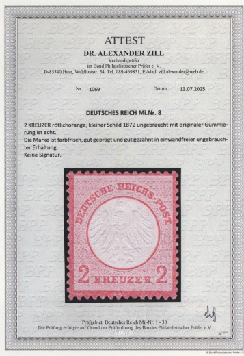 Dt. Kaiserreich, Brustschilder, 1872, Mi.- Nrn.: 8, *! Akt. Fotoattest Dr. Zill BPP: e+e! Qualitätsstück! Selten!
