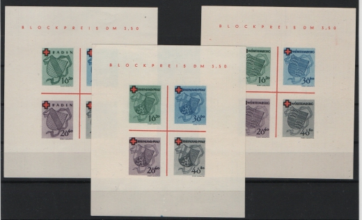 FRZ- Baden / Rhld.- Pf. / Württ., 1949, Mi.- Nrn.: Bd. Bl. 2, Rhld. Pf + Württ. je Bl. 1, je (*) wie ausgegeben, je tiefstgeprüft Schlegel BPP!