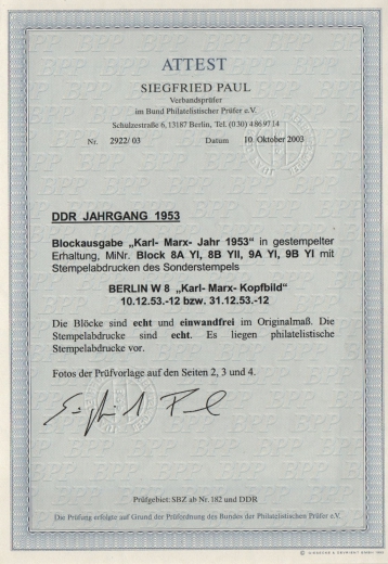 DDR, 1953, Mi.- Nrn.: Bl. 8/9 A/B, gestempelt, Fotoattest Paul BPP: echt + einwandfrei! Je mit passendem Sonderstempel!