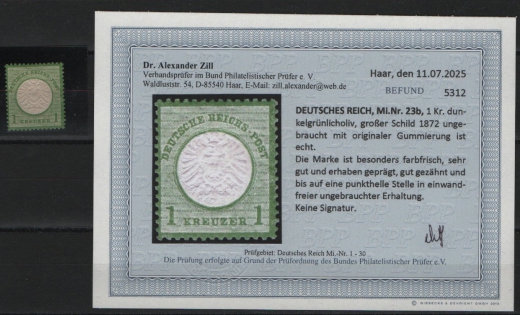 Dt. Kaiserreich, Brustschilder, 1872, Mi.- Nr.: 23 b, *, akt. Befund Dr. Zill BPP: e + ....e! Gutes Kabinettstück!