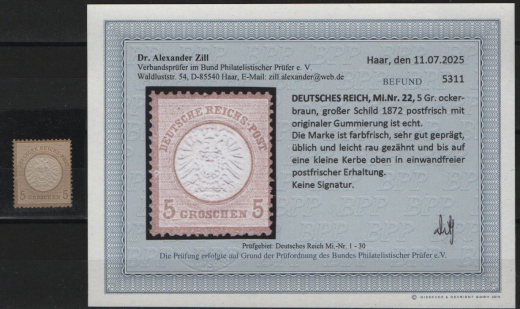 Dt. Kaiserreich, Brustschilder, 1872, Mi.- Nr.: 22, **, akt. Befund Dr. Zill BPP: e + ....e! Gutes Kabinettstück!