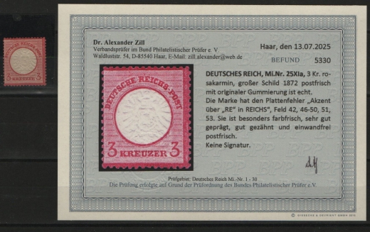 Dt. Kaiserreich, Brustschilder, 1872, Mi.- Nr.: 25 mit Plf. XIa, **! Akt. Befund Dr. Zill BPP: e+e! Luxusstück! Selten!