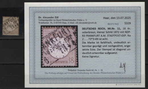 Dt. Kaiserreich, Brustschilder, 1872, Mi.- Nr.: 11, gestempelt! Akt. Befund Dr. Zill BPP: e+...! Repariert, s. Befund! Selten!
