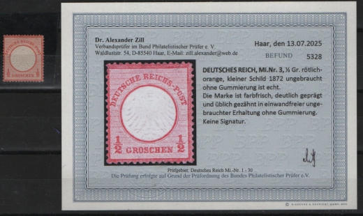 Dt. Kaiserreich, Brustschilder, 1872, Mi.- Nr.: 3, (*/ ohne Gummi)! Akt. Befund Dr. Zill BPP: e+e! Qualitätsstück! Selten!