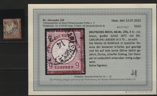 Dt. Kaiserreich, Brustschilder, 1872, Mi.- Nr.: 27 b! Gestempelt! Akt. Befund Dr. Zill BPP: e+ ...! Bedarfsstück! Selten!