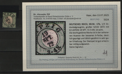 Dt. Kaiserreich, Brustschilder, 1872, Mi.- Nr.: 17 b! Gestempelt! Akt. Befund Dr. Zill BPP: e+ sehr gut! Qualitätsstück! Selten!