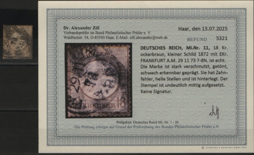Dt. Kaiserreich, Brustschilder, 1872, Mi.- Nr.: 11, gestempelt! Akt. Befund Dr. Zill BPP: e+...! Repariert, s. Befund! Selten!