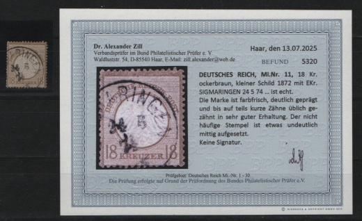 Dt. Kaiserreich, Brustschilder, 1872, Mi.- Nr.: 11, gestempelt! Akt. Befund Dr. Zill BPP: e+...! Gutes Bedarfsstück! Selten!