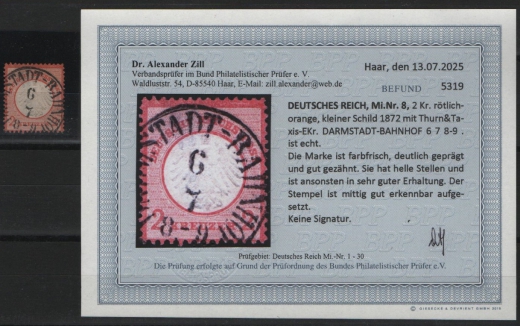 Dt. Kaiserreich, Brustschilder, 1872, Mi.- Nr.: 8, gestempelt! Akt. Befund Dr. Zill BPP: e+...! Gutes Bedarfsstück! Selten!