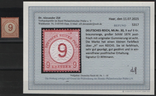 Dt. Kaiserreich, Brustschilder, 1874, Mi.- Nr.: 30, **! Akt. Befund Dr. Zill BPP: e+ e! Qualitätsstück! Selten!