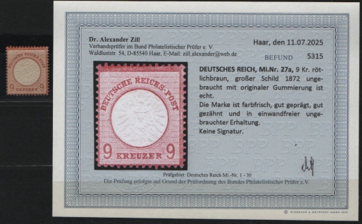 Dt. Kaiserreich, Brustschilder, 1872, Mi.- Nr.: 27 a, *! Akt. Befund Dr. Zill BPP: e+ e! Luxusstück! Selten!