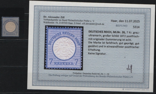 Dt. Kaiserreich, Brustschilder, 1872, Mi.- Nr.: 26, **! Akt. Befund Dr. Zill BPP: e+ e! Luxusstück! Selten!