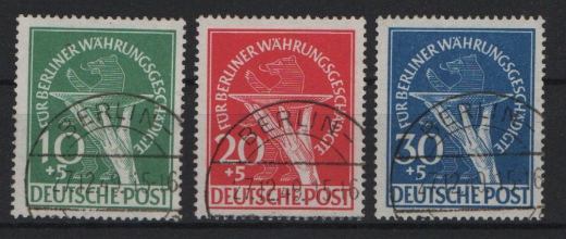 Berlin, 1949, Mi.- Nrn.: 68- 70, Der Währungsgeschädigtensatz gestempelt, kpl. Satz, je tiefstgeprüft Schlegel BPP! Luxussatz!