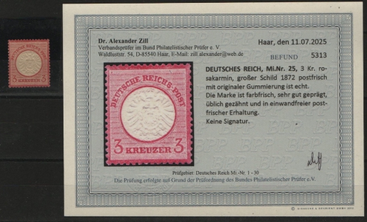 Dt. Kaiserreich, Brustschilder, 1872, Mi.- Nr.: 25, **! Akt. Befund Dr. Zill BPP: e+ e! Luxusstück! Selten!