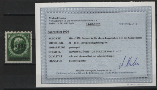 Saargebiet, 1920, Mi.- Nr.: 31, gestempelt, Akt. Befund Haslau BPP: echt und einwandfrei! Selten!