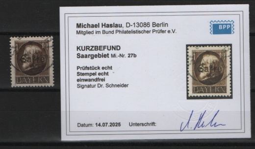 Saargebiet, 1920, Mi.- Nr.: 27 b, gestempelt, Akt. K.- Befund Haslau BPP: echt und einwandfrei! Selten!