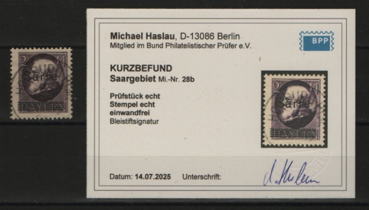 Saargebiet, 1920, Mi.- Nr.: 28 b, gestempelt, Akt. K.- Befund Haslau BPP: echt und einwandfrei! Selten!