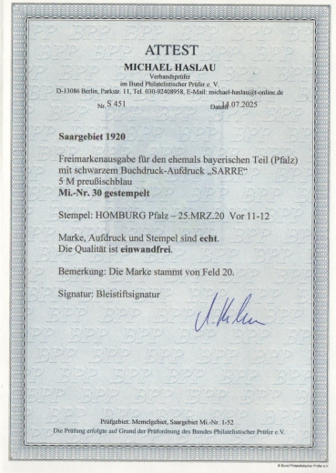 Saargebiet, 1920, Mi.- Nr.: 30, gestempelt, Akt. FA Haslau BPP: e + e! Luxusstück! Sehr selten!