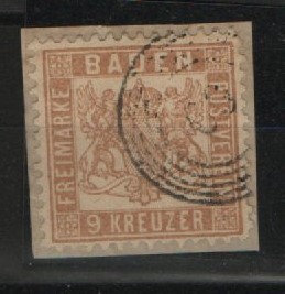 Baden, 1864, Mi.- Nr.: 20 ba, gestempelt, auf kl. Briefstück! Qualitätsstück, selten!