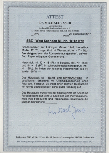 SBZ, West- Sachsen, 1946, Mi.- Nr.: Hz. 12 BYb, **, Fotoattest Dr. Jasch BPP: echt und einwandfrei! Luxusstück! RR!