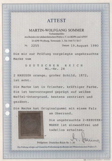 Dt. Kaiserreich, Brustschilder, 1872, Mi.- Nr.: 24, *! Fotoattest Sommer BPP: e+ e! Qualitätsstück! Selten!