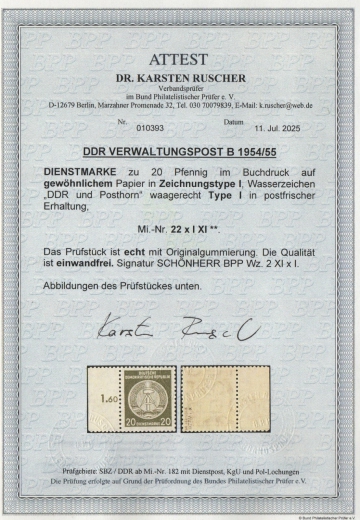 DDR, 1954, Dienstmarken / Verwaltungspost B, Mi.- Nr.: 22 x I XI mit Sr.!, **, akt. FA Dr. Ruscher BPP: e + e! Luxusqualität! Selten!