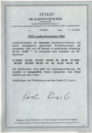DDR, 1964, Dienstmarken, Laufkontrollzettel ZKD, Mi.- Nr.: 31 / 45 (84), **! 2 Akt. FA Dr. Ruscher BPP: e + e! Luxus! RR!