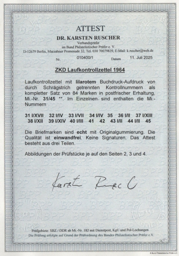 DDR, 1964, Dienstmarken, Laufkontrollzettel ZKD, Mi.- Nr.: 31/45 (84), je mit SR! **! 3 Akt. FA Dr. Ruscher BPP: e + e! Luxus! RR!