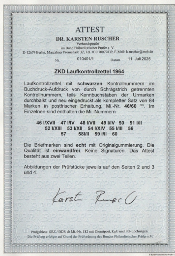 DDR, 1964, Dienstmarken, Laufkontrollzettel ZKD, Mi.- Nr.: 46 / 60 (84), **! 2 Akt. FA Dr. Ruscher BPP: e + e! Luxus! RR!
