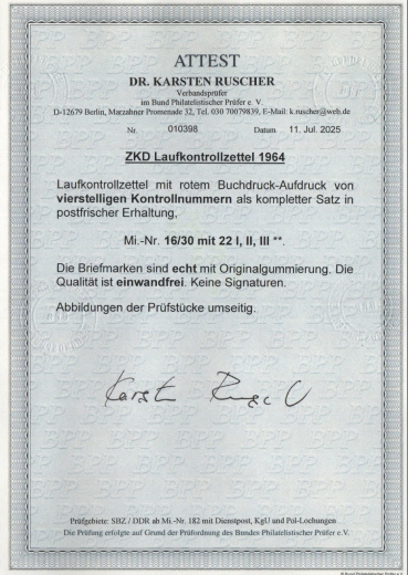 DDR, 1964, Dienstmarken, Laufkontrollzettel ZKD, Mi.- Nr.: 16 / 30 (17 Stk.), **! Akt. FA Dr. Ruscher BPP: e + e! Luxus! RR!