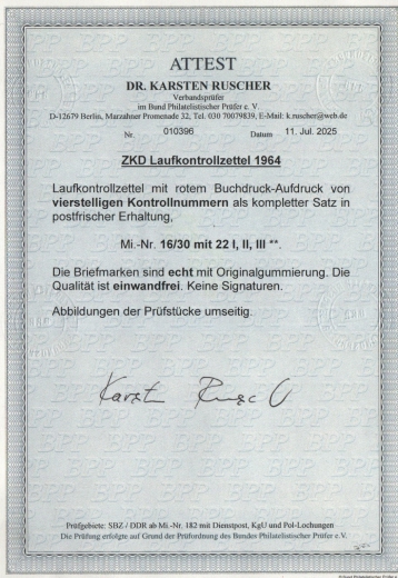 DDR, 1964, Dienstmarken, Laufkontrollzettel ZKD, Mi.- Nr.: 16 / 30 (17 Stk.), **! Akt. FA Dr. Ruscher BPP: e + e! Luxus! RR!