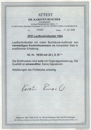 DDR, 1964, Dienstmarken, Laufkontrollzettel ZKD, Mi.- Nr.: 16 / 30 (17 Stk.), **! Akt. FA Dr. Ruscher BPP: e + e! Luxus! RR!