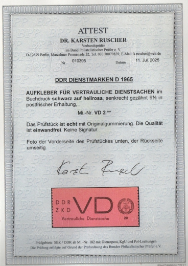 DDR, 1965, ZKD D, Mi.- Nr.: 2, **, akt. Fotoattest Dr. Ruscher BPP: echt+ einwandfrei! Luxusstück! Rarität der DDR!