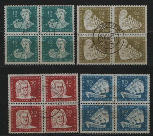 DDR, 1950, Mi.- Nrn.: 256- 259 (4x), je im 4er- Block, bedarfsgestempelt! Akt. FA Dr. Ruscher BPP: e+e! Luxussatz! Selten!