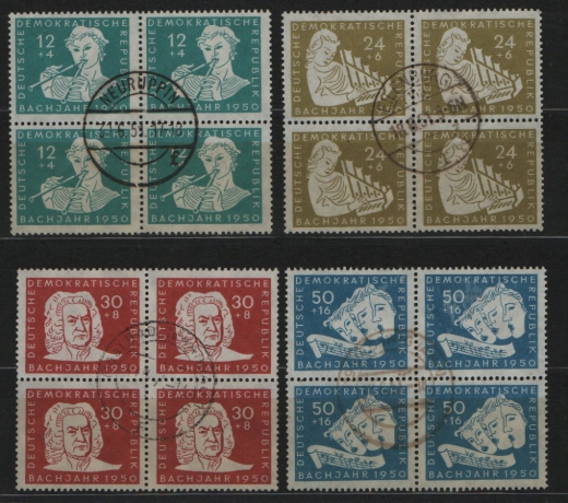 DDR, 1950, Mi.- Nrn.: 256- 259 (4x), je im 4er- Block, bedarfsgestempelt! Akt. FA Dr. Ruscher BPP: e+ ...! Qualitätssatz! Selten!