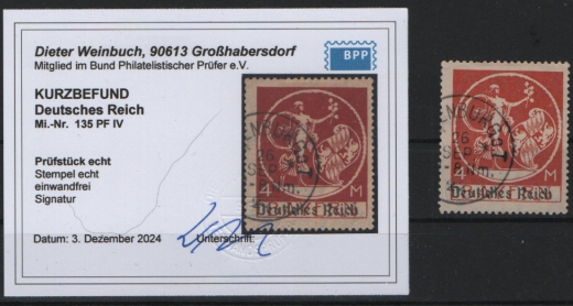 DR, Infla, 1920 / 21, Mi.- Nr.: 135 PlF. IV, gestempelt! Akt. Kurz- Befund Weinbuch BPP: e+ e! Qualitätsstück! Selten!