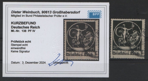 DR, Infla, 1920 / 21, Mi.- Nr.: 138 PlF. IV, gestempelt! Akt. Kurz- Befund Weinbuch BPP: e+ e! Qualitätsstück! Selten!