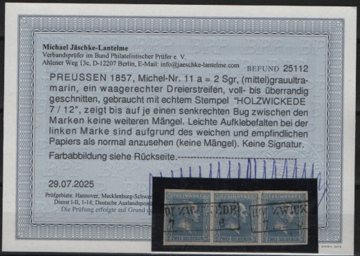 Preußen, ca. 1857, Mi.- Nr.: 11 a (3x) im horizontalen 3er- Streifen, gestempelt! Akt. Befund Jäschke- L. BPP! Seltene Einheit!