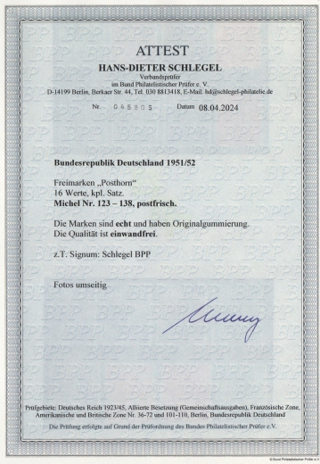 BRD, 1951/52, Mi.- Nrn.: 123- 138, **, Der Posthornsatz! Aktuelles Fotoattest Schlegel BPP; echt + einwandfrei! Luxussatz!