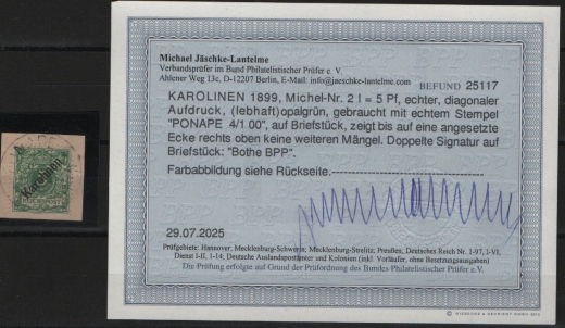 Dt. Kolonien, Karolinen, 1899, Mi.- Nr.: 2 I, auf kl. Briefstück! Akt. Befund Jäschke- L. BPP: e+ ....! Leicht repariert! Selten!