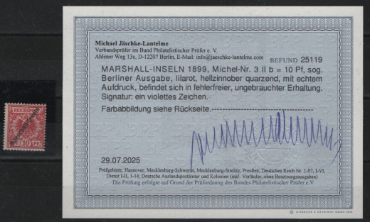 Dt. Kolonien, Marshall- Inseln, 1899, Mi.- Nrn.: 3 II b, *, akt. Befund Jäschke- L. BPP; e+e! Selten!