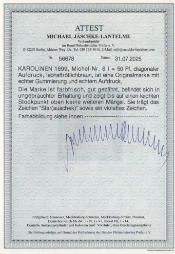 Dt. Kolonien, Karolinen, 1899, Mi.- Nr.: 6 I, *! Akt. FA Jäschke- L. BPP: e + ...! Kabinettstück! Selten!