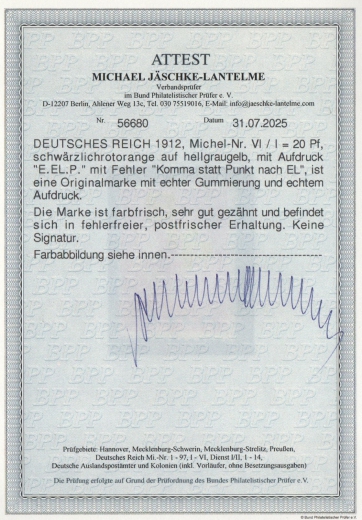 Dt. Kaiserreich, Flugpost, 1912, Mi.- Nr.: VI, mit PF.: I, **! Akt. FA. Jäschke- L. BPP; e+e! Luxusstück! Sehr selten!