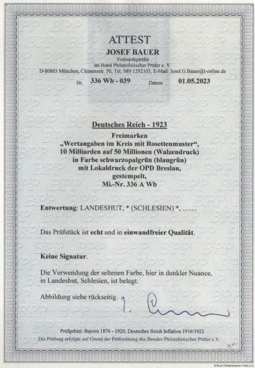 DR, Infla, 1923, Mi.- Nr.: 336 A Wb, gestempelt! Akt. F.- Attest Bauer BPP: echt und einwandfrei! Sehr selten!