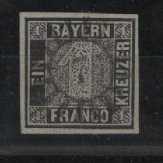 Bayern, 1849, Mi.- Nr.: 1 Ia, gestempelt, akt. Foto- Attest Sem BPP: e + .... e! Gutes Kabinettstück! Dekorativ und selten! RR!